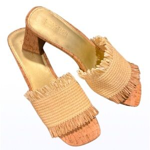 🌟Kenneth Cole Reaction Size 9 Raffia Slide Cork Sole Block Heel Slip on Sandals